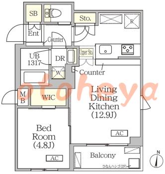 楽器可の賃貸物件 1 LDK 17万円の図面１