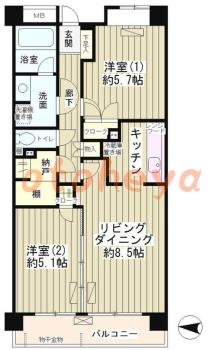 楽器可の賃貸物件 2 LDK 19.5万円の図面１