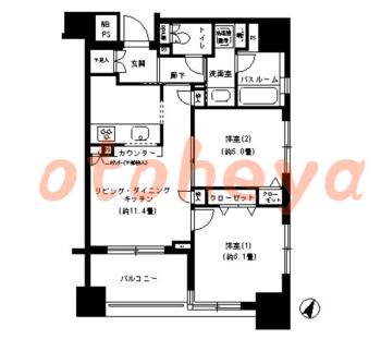 楽器可の賃貸物件 2 LDK 22.8万円の図面１