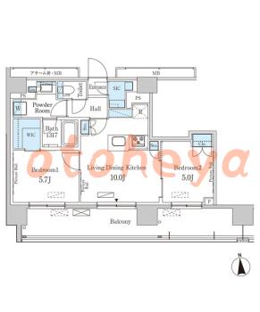 防音室のある楽器可 賃貸物件 2 LDK 26.4万円の図面１