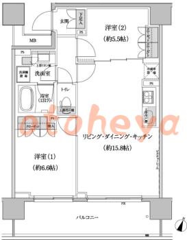防音室のある楽器可 賃貸物件 2 LDK 26.6万円の図面１