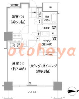 防音室のある楽器可 賃貸物件 2 LDK 19.6万円の図面１
