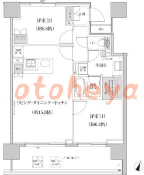 防音室のある楽器可 賃貸物件 2 LDK 27.6万円の図面１
