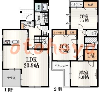 グランドピアノ可の賃貸物件 3 LDK 30万円の図面１