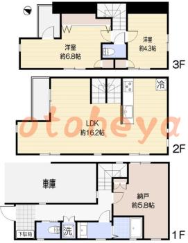 防音室のある楽器可 賃貸物件 2 SLDK 38.8万円の図面１