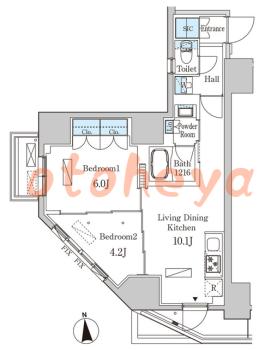 楽器可の賃貸物件 2 LDK 25.5万円の図面１