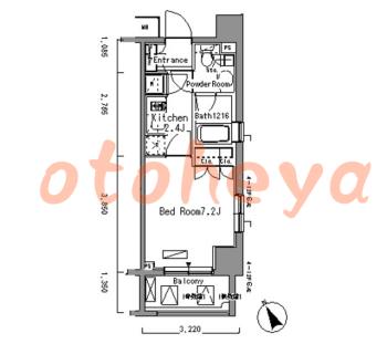 楽器可の賃貸物件 1 K 12.5万円の図面１