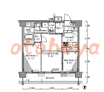 楽器可の賃貸物件 2 LDK 20.1万円の図面１