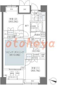 防音室のある楽器可 賃貸物件 2 LDK 25万円の図面１