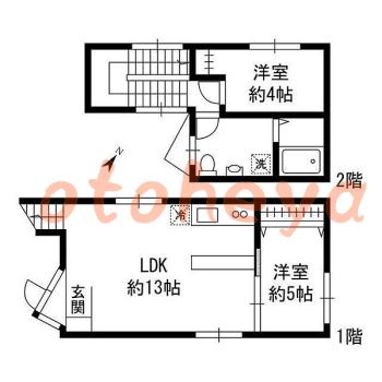 防音室のある楽器可 賃貸物件 2 LDK 21.8万円の図面１