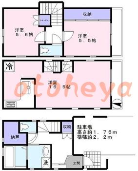 防音室のある楽器可 賃貸物件 2 LDK 18.9万円の図面１
