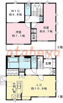楽器可の賃貸物件 2 LDK 20万円の図面１