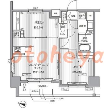楽器可の賃貸物件 2 LDK 17.7万円の図面１