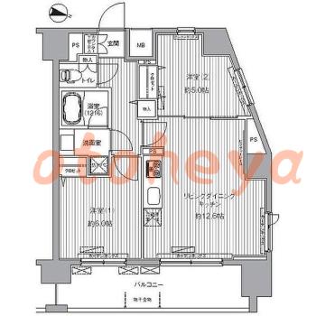 楽器可の賃貸物件 2 LDK 17.2万円の図面１