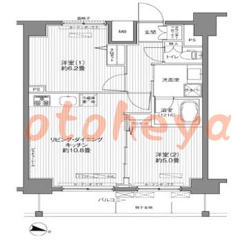 楽器可の賃貸物件 2 LDK 18.2万円の図面１