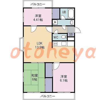 楽器可の賃貸物件 3 LDK 13.9万円の図面１