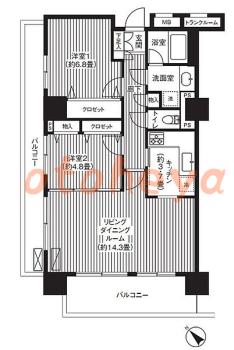 楽器可の賃貸物件 2 LDK 18.7万円の図面１