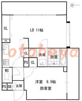 弦楽器楽器可の賃貸物件 1 LDK 13.3万円の図面１