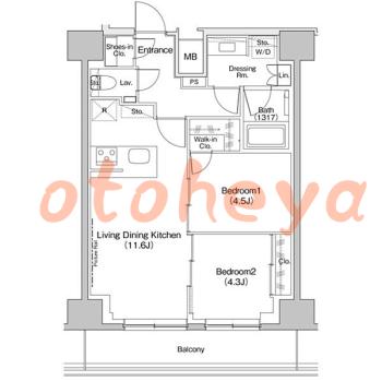 防音室のある楽器可 賃貸物件 2 LDK 23.2万円の図面１