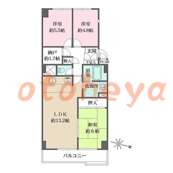防音室のある楽器可 賃貸物件 3 LDK 17.3万円の図面１