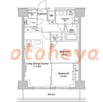 防音室のある楽器可 賃貸物件 2 LDK 23.3万円の図面１