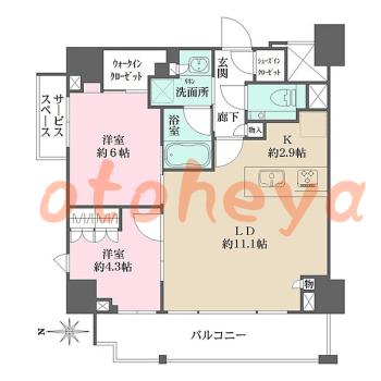 防音室のある楽器可 賃貸物件 2 LDK 25.4万円の図面１