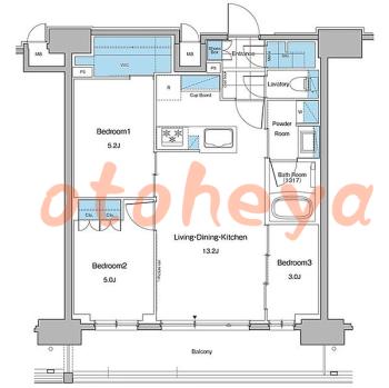 グランドピアノ可の賃貸物件 3 LDK 33万円の図面１