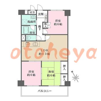 防音室のある楽器可 賃貸物件 3 LDK 12.5万円の図面１
