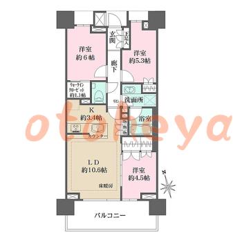 グランドピアノ可の賃貸物件 3 LDK 33.8万円の図面１