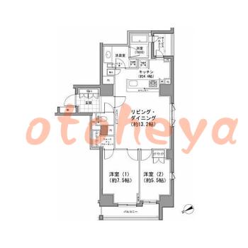 グランドピアノ可の賃貸物件 2 LDK 34.6万円の図面１