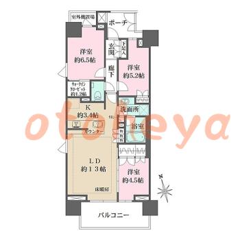 グランドピアノ可の賃貸物件 3 LDK 35.5万円の図面１