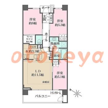 防音室のある楽器可 賃貸物件 3 LDK 24万円の図面１