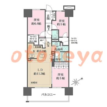 防音室のある楽器可 賃貸物件 3 LDK 25.2万円の図面１