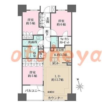 楽器可の賃貸物件 3 LDK 36万円の図面１