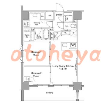 防音室のある楽器可 賃貸物件 2 LDK 34.5万円の図面１