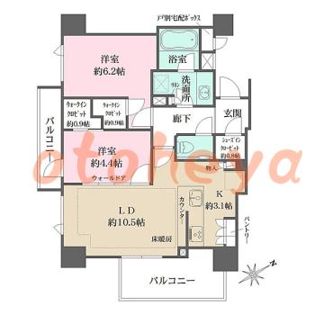 楽器可の賃貸物件 2 LDK 29万円の図面１
