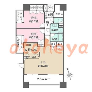 防音室のある楽器可 賃貸物件 2 LDK 33.5万円の図面１