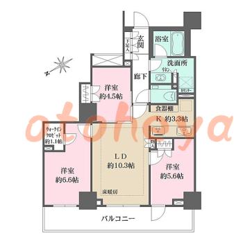 防音室のある楽器可 賃貸物件 3 LDK 58万円の図面１
