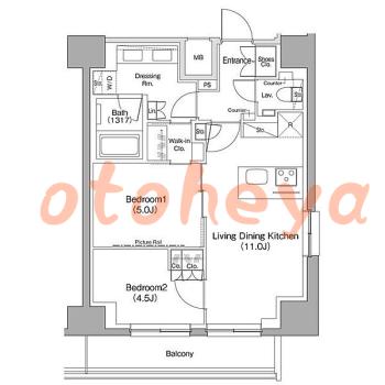 楽器可の賃貸物件 2 LDK 31.5万円の図面１