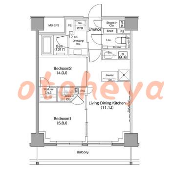 楽器可の賃貸物件 2 LDK 30万円の図面１