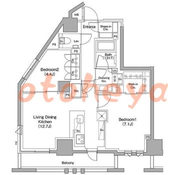 楽器可の賃貸物件 2 LDK 35万円の図面１