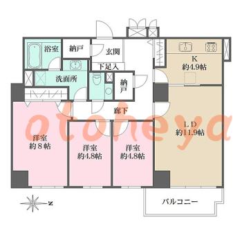 楽器可の賃貸物件 3 LDK 57万円の図面１