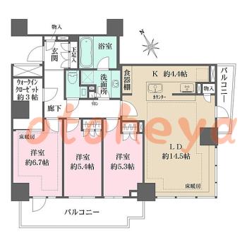 防音室のある楽器可 賃貸物件 3 LDK 73万円の図面１