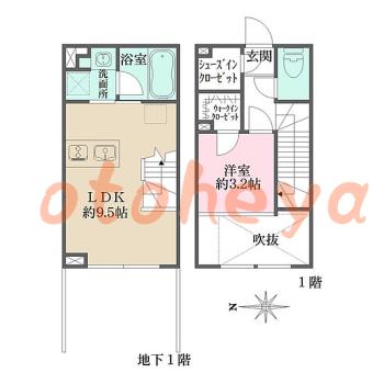 楽器可の賃貸物件 1 LDK 18.8万円の図面１