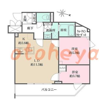 楽器可の賃貸物件 2 LDK 20.7万円の図面１