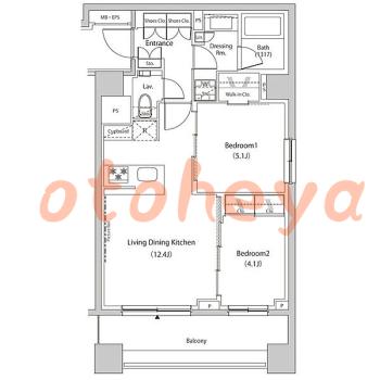 グランドピアノ可の賃貸物件 2 LDK 34.5万円の図面１