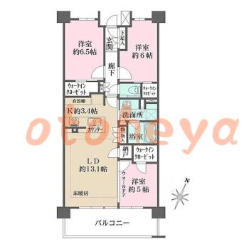 グランドピアノ可の賃貸物件 3 LDK 27万円の図面１