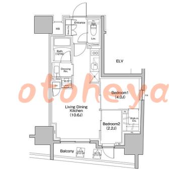 楽器可の賃貸物件 2 LDK 18万円の図面１