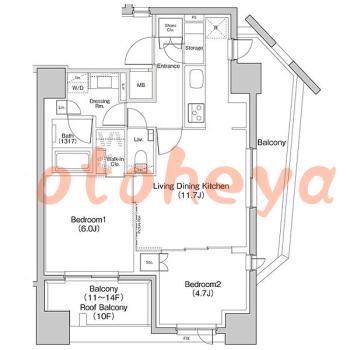 楽器可の賃貸物件 2 LDK 29.8万円の図面１
