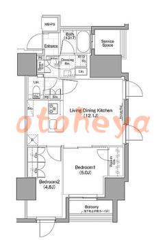 楽器可の賃貸物件 2 LDK 20.1万円の図面１